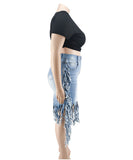 Plus Size Women's Denim Fringed Skirt in Black and Blue