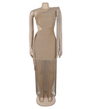 Asymmetric Single Shoulder Fringed Long Dress in Black Gold Blue