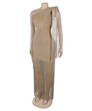 Asymmetric Single Shoulder Fringed Long Dress in Black Gold Blue