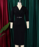 Collared High Waisted Pencil Skirt with Fitted Waist and Gathered Neckline