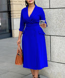 Seductive Solid Color Dress With Tailored Collar and Belt in Red Blue Green