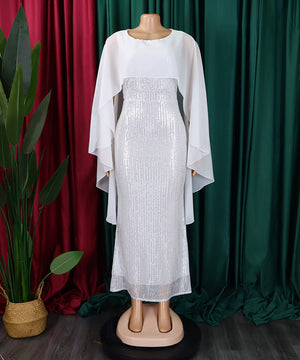 Chiffon Cape Sequin Wrapped Hip Long Skirt Party Dress