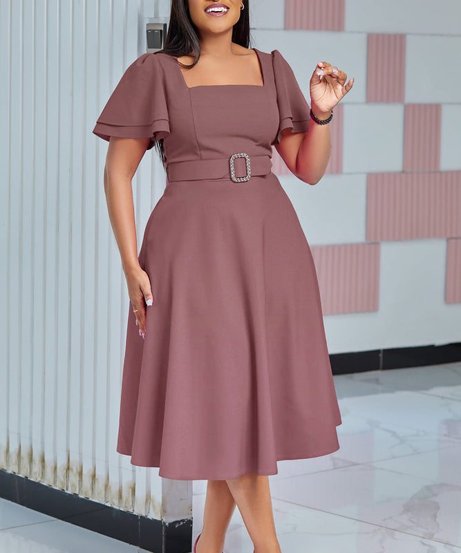 Stylish Solid Color Dress with Flared Sleeves and Square Neck