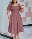Stylish Solid Color Dress with Flared Sleeves and Square Neck