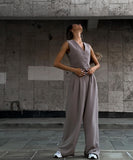 V Neck Sleeveless Vest and Wide Leg Trousers Set in Grey Khaki