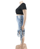Plus Size Women's Denim Fringed Skirt in Black and Blue