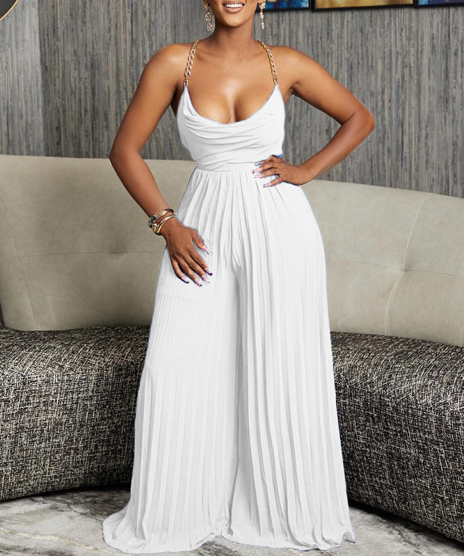 Fashion Sexy Chain Hanging Neck High Waist Backless Jumpsuit