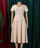 Fashionable Solid Color V Neck Short Sleeve A Line Dress