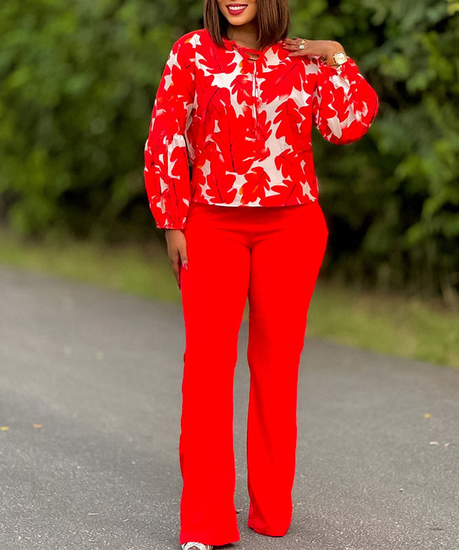 Stylish Printed Long-Sleeved Top And Wide-Leg Pants Set