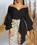 Off Shoulder Cross Belted V Neck Balloon Sleeve Sexy Shirt