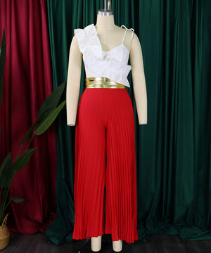Sexy Ruffled Sleeveless Top Wide Leg Pants Fashion Suit Set