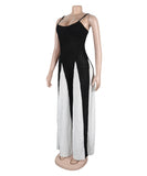 Sexy Sheer Wide-Leg Knitted Halter Top Color-Block Pants