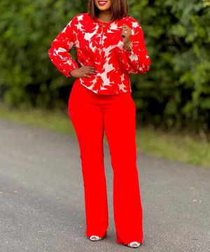 Stylish Printed Long-Sleeved Top And Wide-Leg Pants Set