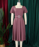 Stylish Solid Color Dress with Flared Sleeves and Square Neck