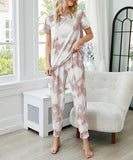 Comfortable Pocket Short-Sleeved Home Wear Pants Set in Brown