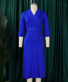Seductive Solid Color Dress With Tailored Collar and Belt in Red Blue Green