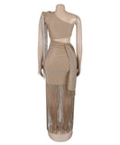 Asymmetric Single Shoulder Fringed Long Dress in Black Gold Blue