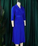 Seductive Solid Color Dress With Tailored Collar and Belt in Red Blue Green