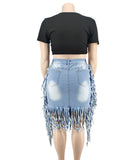Plus Size Women's Denim Fringed Skirt in Black and Blue