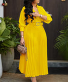Fashion V Neck Solid Color Long Sleeve Maxi Skirt With Pleated Hem
