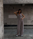 V Neck Sleeveless Vest and Wide Leg Trousers Set in Grey Khaki