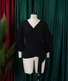 Off Shoulder Cross Belted V Neck Balloon Sleeve Sexy Shirt