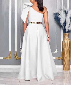 Elegant Still Skew Shoulder Bow Banquet Long Dress Delight