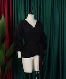 Off Shoulder Cross Belted V Neck Balloon Sleeve Sexy Shirt