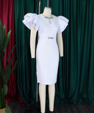 Round Neck Ruffled Sleeve Diamond Studded Halter Dress