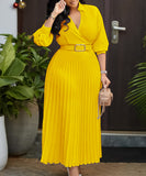 Fashion V Neck Solid Color Long Sleeve Maxi Skirt With Pleated Hem