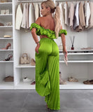 Elegant Plunging Pleated Pants Set Solid Colors Everyday