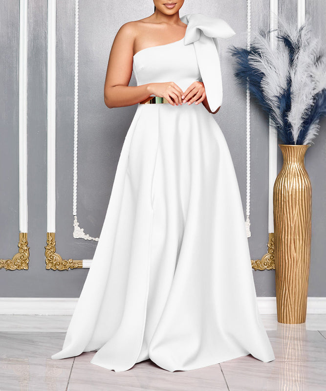 Elegant Still Skew Shoulder Bow Banquet Long Dress Delight