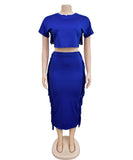 A Two-Piece Set of Solid-Color Fringed Round-Neck Short-Sleeve Long Dress