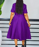 V Neck Short Sleeve Cinched Waist A Line Dress