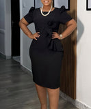 Solid Color Short Sleeved Wraparound Lace Ruffled Dress