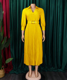 Fashion V Neck Solid Color Long Sleeve Maxi Skirt With Pleated Hem