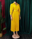Fashion V Neck Solid Color Long Sleeve Maxi Skirt With Pleated Hem