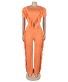 Solid Color Short Sleeve Stretch Fringed Clothing Set