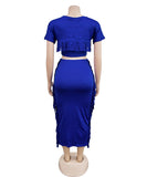 A Two-Piece Set of Solid-Color Fringed Round-Neck Short-Sleeve Long Dress