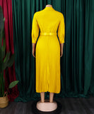 Fashion V Neck Solid Color Long Sleeve Maxi Skirt With Pleated Hem