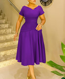 Fashionable Solid Color V Neck Short Sleeve A Line Dress