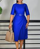 Fashionable High-Waisted Pleated Dress With Five-Quarter Sleeves
