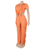Solid Color Short Sleeve Stretch Fringed Clothing Set