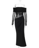 Sultry Off Shoulder Dress Net Dress With Openwork In Black