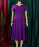 Fashionable Solid Color V Neck Short Sleeve A Line Dress