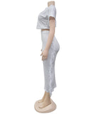 A Two-Piece Set of Solid-Color Fringed Round-Neck Short-Sleeve Long Dress