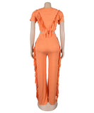 Solid Color Short Sleeve Stretch Fringed Clothing Set