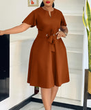 Plus Size Solid Color Lace Up Short Sleeve Dress for Women