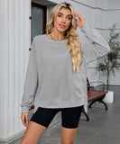 Solid Color Wavy Round Neck Long Sleeve Loose Fitting Shirt
