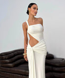 Single-Shoulder Backless Pleated Long Dress Elegant Evening